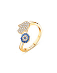 Anillo Dorado Mano Hamsa y Ojo Plata .925